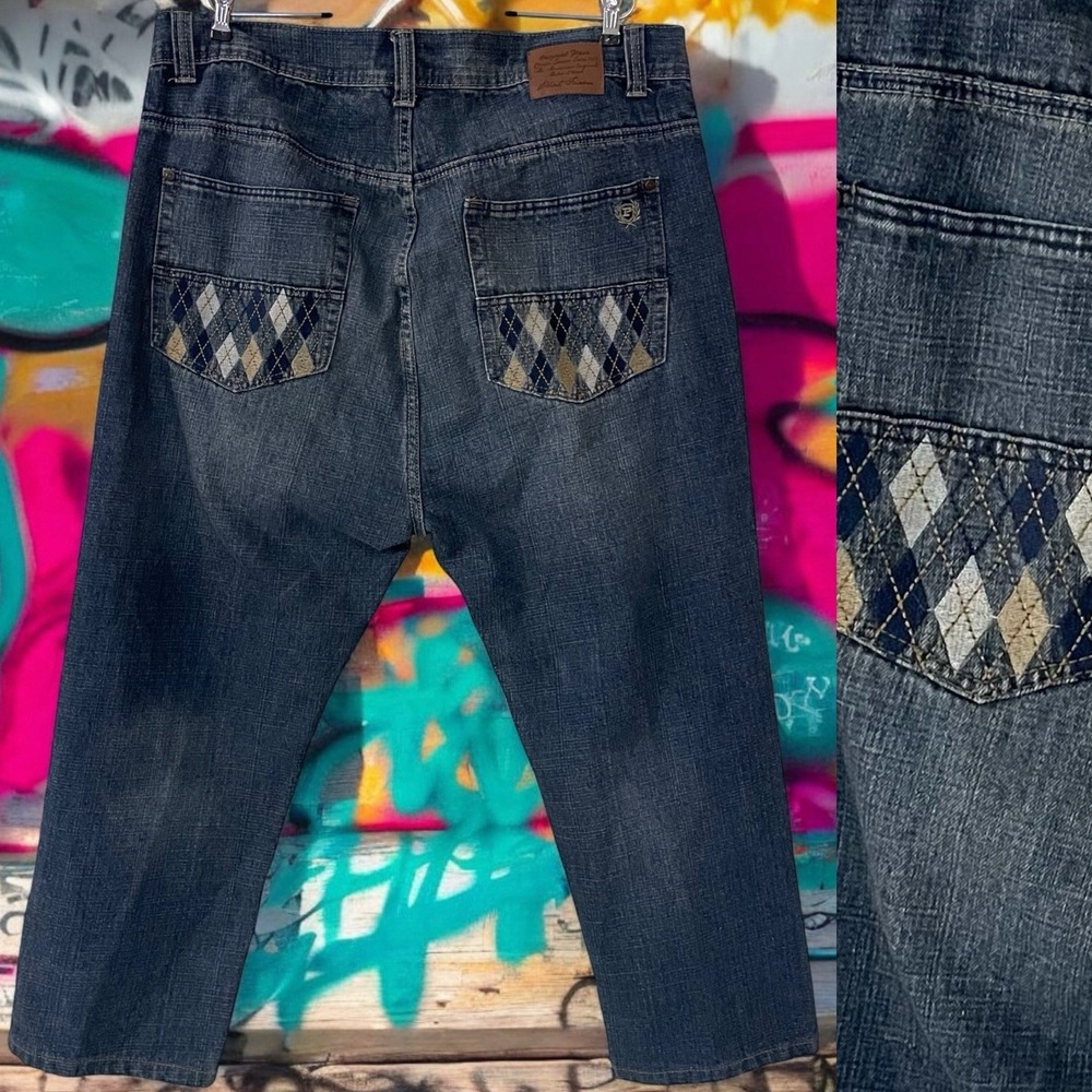 VTG Phat Farm Men Argyle Pocket Denim Jeans Straight Leg Y2K Hip Hop Baggy 42 32